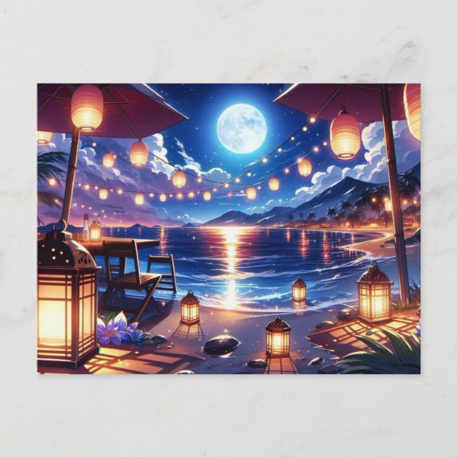 Cartão Postal Praia Encantada à Noite Pintura (Frente)