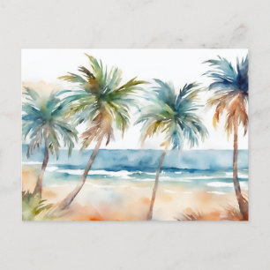 Cartão Postal Praia Tropical Sandy Watercolor, Palm Trees