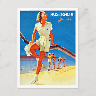 Cartão Postal Praias da Austrália, jovens na costa, vintage