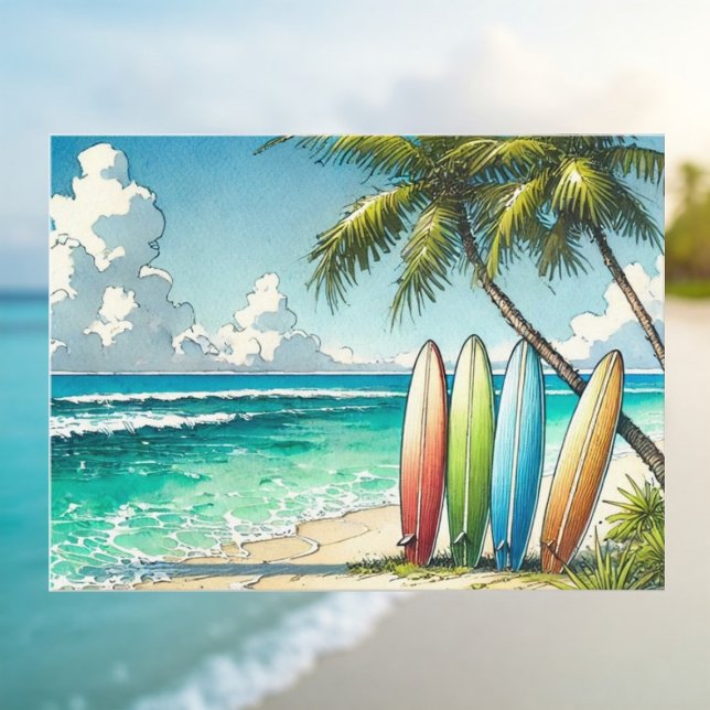 Cartão Postal Pranchas de Surf na Praia Aquarela e Tinta (Criador carregado)