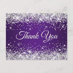 Cartão Postal Prata Brilho Roxo Real Agradecimento de Aniversári