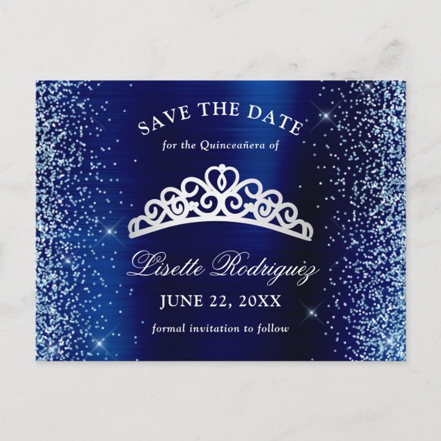 Cartão Postal Prata e Azul Naval Quinceanera Save The Date (Frente)