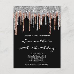 Cartão Postal Prata e Dourado Rosa Brilho Gotas Preto Aniversári