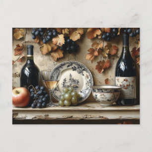 Cartão Postal Prateleira de Cozinha Garrafas de Vinho Uvas Louça
