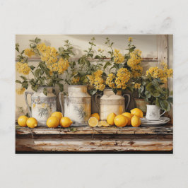 Cartão Postal Prateleira de Cozinha Vintage Limões Potes Flores 