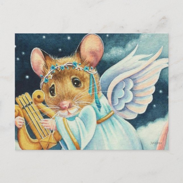 Cartão Postal Prato Anjo de Natal Tocando Arte Por Aquarela (Frente)