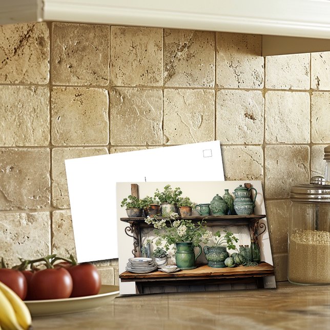 Cartão Postal Pratos Brancos Verdes da Prateleira de Madeira Vel (Criador carregado)