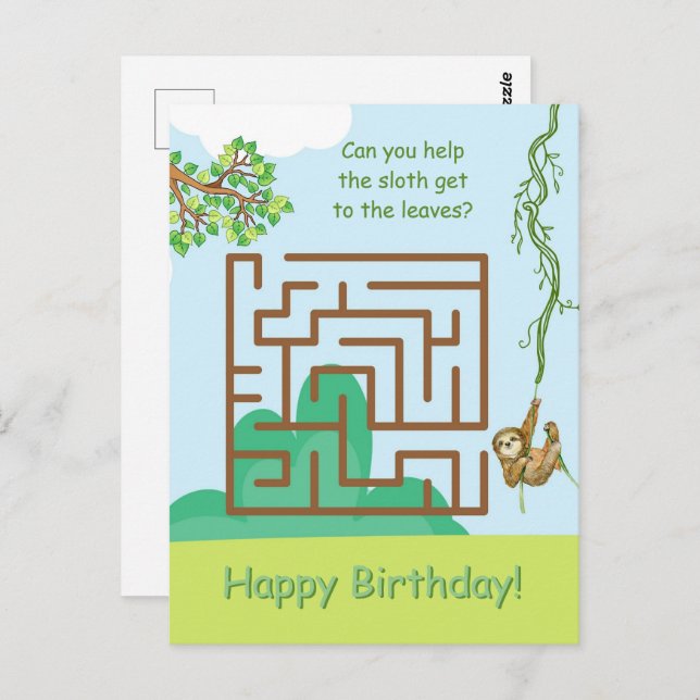 Cartão Postal Preguiça e folhas, cartões-postais de aniversário  (Frente/Verso)