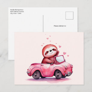 Cartão Postal Preguiça Fofa Dirigindo um Conversível Rosa