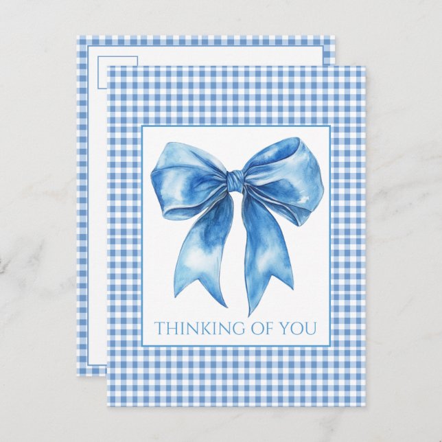 Cartão Postal Preppy Blue and White Gingham Plaid and Bow (Frente/Verso)