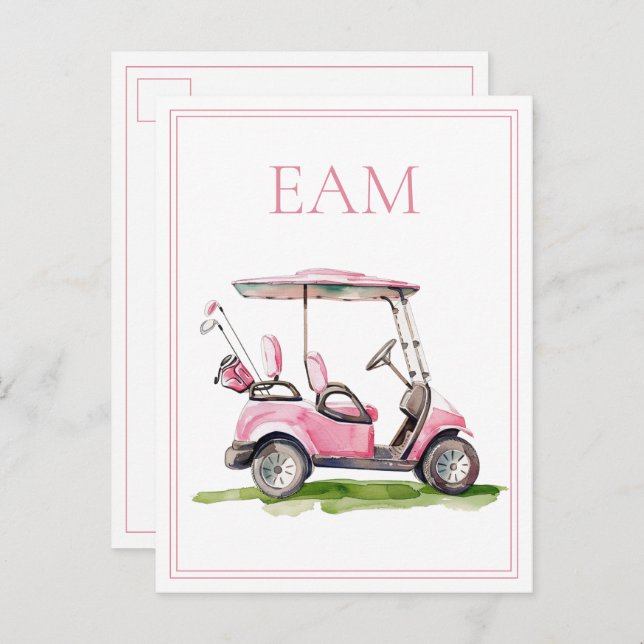 Cartão Postal Preppy Pink Golf Cart Monogram (Frente/Verso)