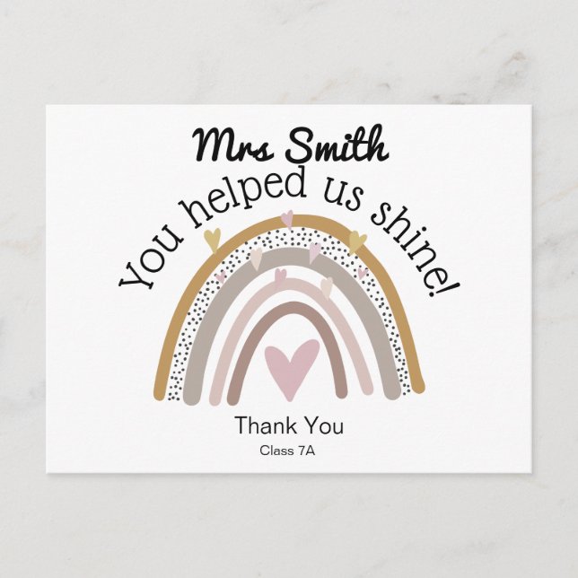 Cartão Postal Presente arco-íris para agradecer ao professor (Frente)