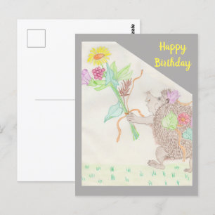 Cartão Postal Presente de Aniversário deouriço Imaginário e Buqu
