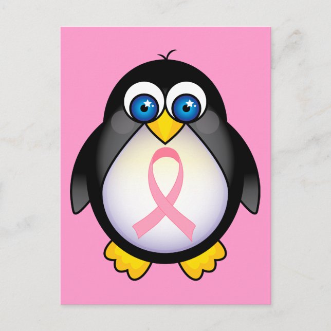 Cartão Postal Presente de Penguin de Fita Rosa de Câncer da Mama (Frente)
