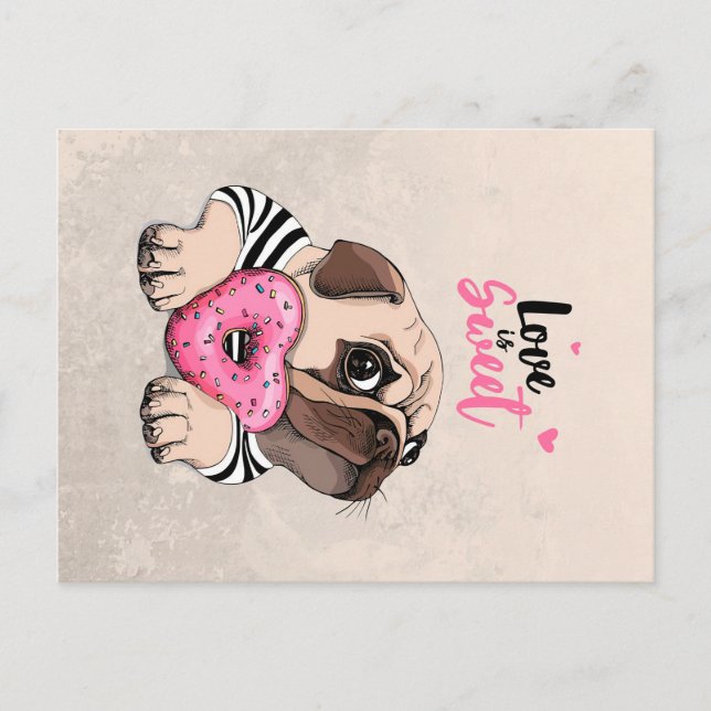 Cartão Postal Presente Doce Amor Pelo Cão Pug, Ideia de Presente (Frente)