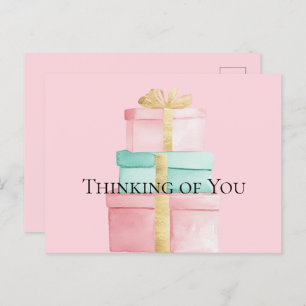 Cartão Postal Presente Dourado, pinta rosa-pincel pensando em vo