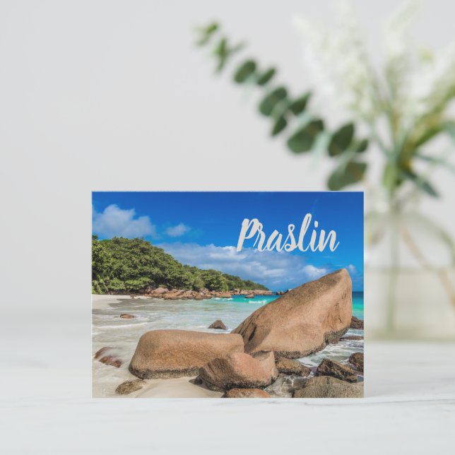 Cartão Postal Presente na praia da Anse Lazio, ilha das Seichele (Em pé/Frente)