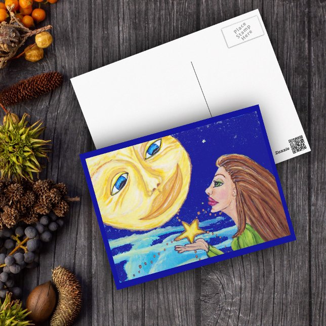 Cartão Postal Presente para o Cartão-Postal da Lua (Lady giving a yellow star to full moon with smiling face in night sky with clouds on postcard.)