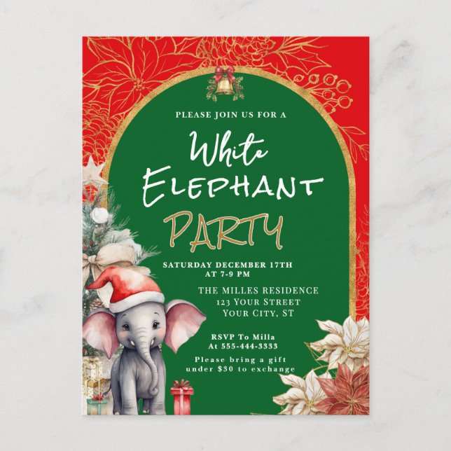 Cartão Postal Presente Troca de Elefante Branco Dourado, Branco  (Frente)