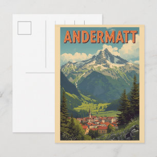 Cartão Postal Presentes ANDERMATT ski Suíça Alpes Suíços vintage