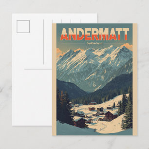 Cartão Postal Presentes Andermatt ski Vintage Suíça Alpes Suíços