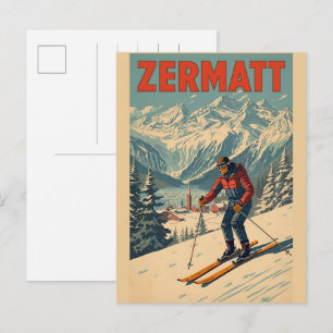 Cartão Postal Presentes da natureza ski ZERMATT vintage Suíça
