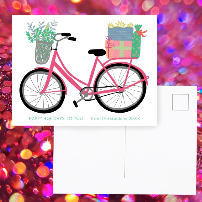 Cartão Postal Presentes de Bicicleta de Natal Adoráveis PRESÉPIO (Adorable Christmas Bicycle Gifts Pink Cute CUSTOM HOLIDAY Postcard
)