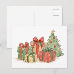 Cartão Postal Presentes de Natal Empilhados com Árvore para Pres