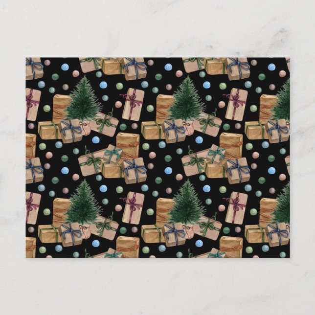 Cartão Postal Presentes de Natal sob a Árvore de Natal Preta (Frente)