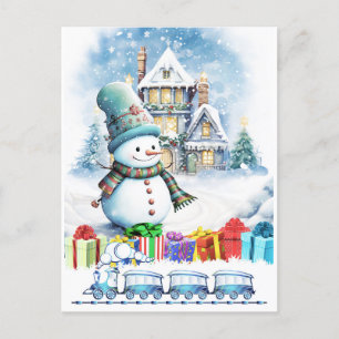 CARTÃO POSTAL PRESENTES DO NATAL SNOWMAN E COMBOIO DE BRINQUEDOS