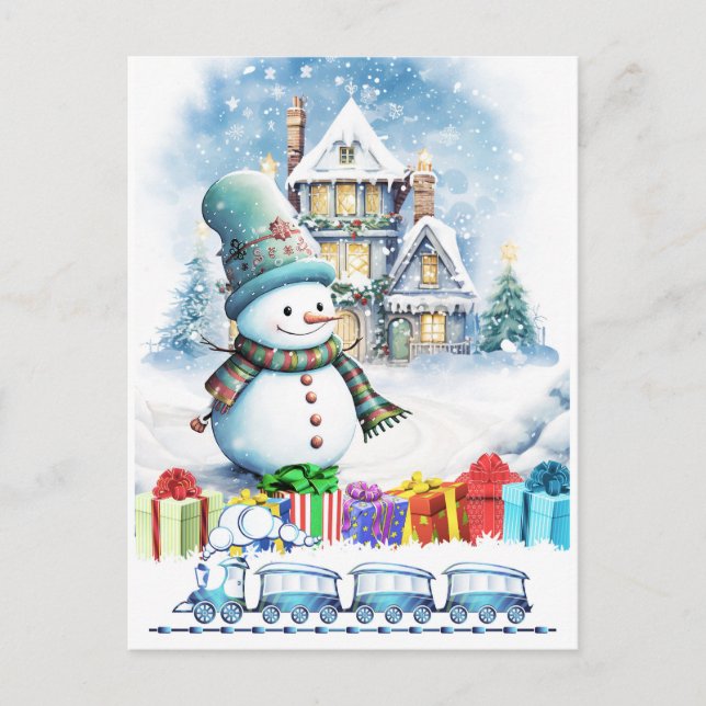 CARTÃO POSTAL PRESENTES DO NATAL SNOWMAN E COMBOIO DE BRINQUEDOS (Frente)