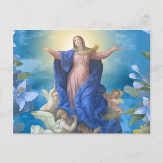 Cartão Postal Presunção Religiosa de Mary Angels Blue Floral Po (Frente)