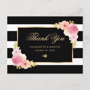 Cartão Postal Preto Branco Dourado Rosa Floral Obrigado