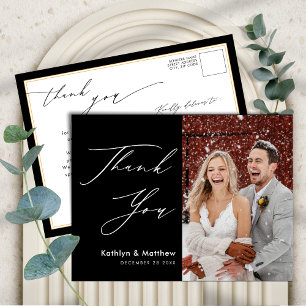 Cartão Postal Preto Branco Elegante Agradecimento de Casamento e