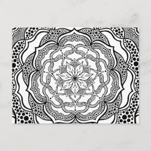 Cartão Postal Preto e Branco Mandala Trippy Hippie Psicélico