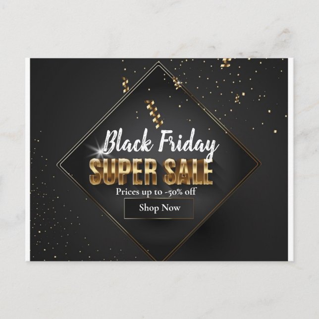Cartão Postal Preto e Dourado Confetti Black Friday Super Venda (Frente)