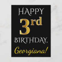 Preto, Faux Dourado aniversário de 3 anos + Nome P