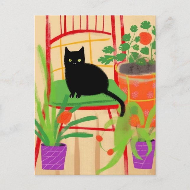 Cartão Postal Preto Gato na Pintura da Flor da Cadeira (Frente)