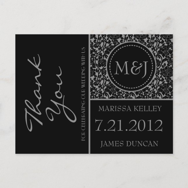 Cartão Postal Preto Gótico/Cinza Florescente Obrigado (Frente)