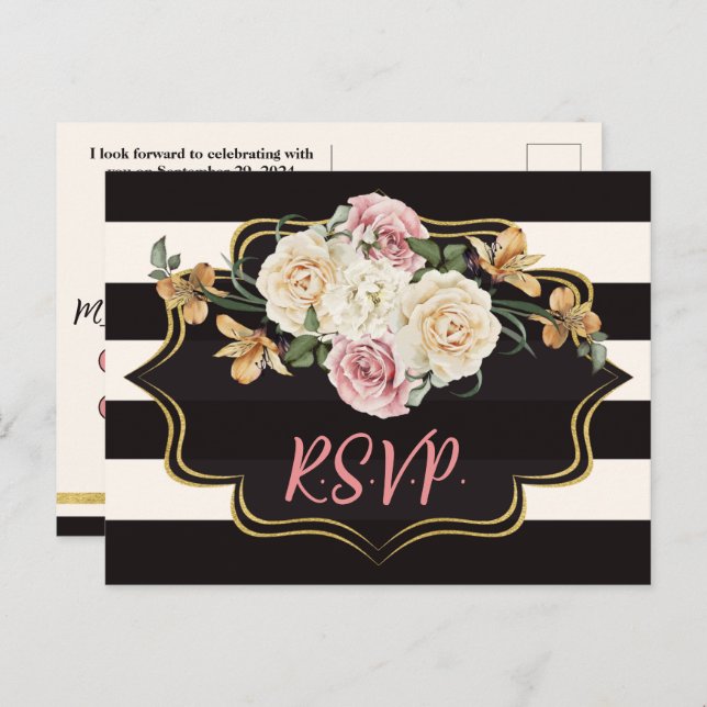 Cartão Postal Preto Negrito, Faixa de Marfim, RSVP Floral (Frente/Verso)
