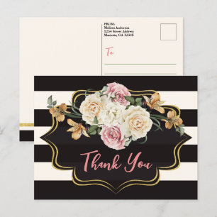 Cartão Postal Preto Ousado, Listras de Marfim, Florais Obrigada