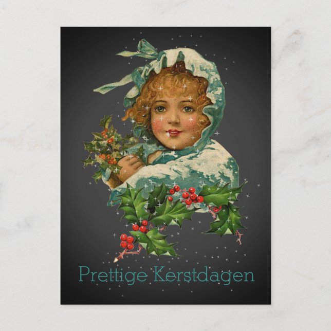 Cartão Postal Prettige Kerstdagen Vintage Holly Girl Black (Frente)