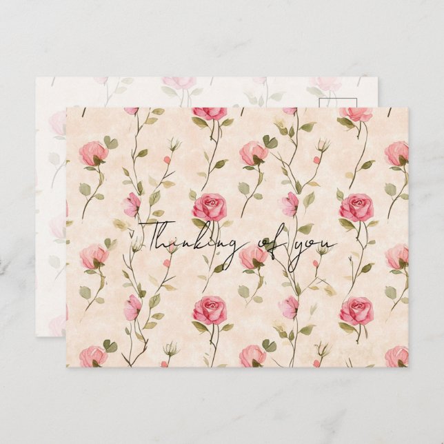 Cartão Postal Pretty Pink Cream Roses Floral Thinking of you (Frente/Verso)