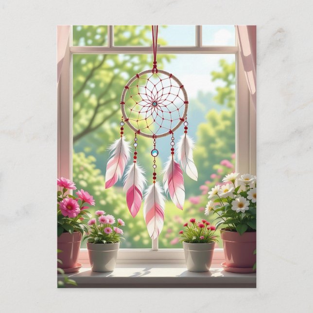 Cartão Postal Pretty Pink Dreamcatcher and Plants Window Sill (Frente)
