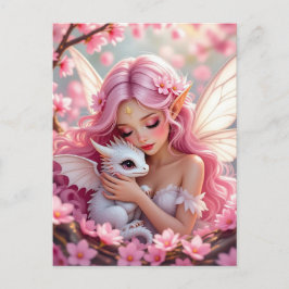 Cartão Postal Pretty Pink Elven Fairy & Dragon 