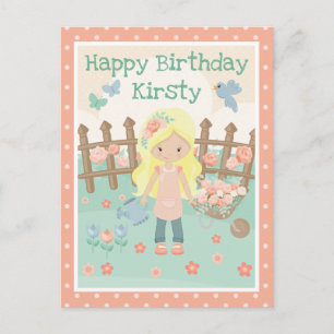 Cartão Postal Primavera Blona no jardim floral de pêssego Aniver