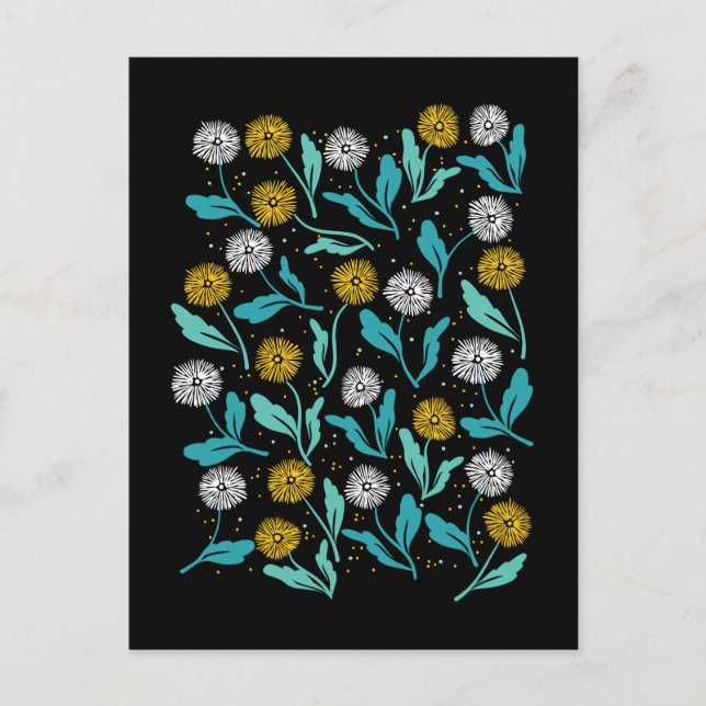 Cartão Postal Primavera Dandelion Flores e Folhas Design (Frente)