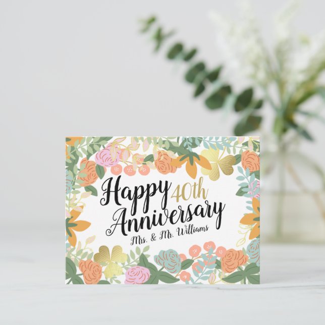 Cartão Postal Primavera Floral Feliz 40º Aniversário Personaliza (Em pé/Frente)