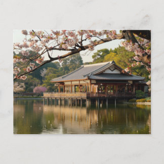 Cartão Postal Primavera japonês com lagoa e flor de cereja