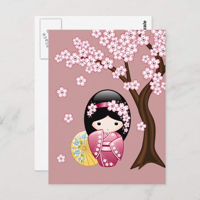 Cartão Postal Primavera Kokeshi Doll - Cute Geisha Sente Você (Frente/Verso)